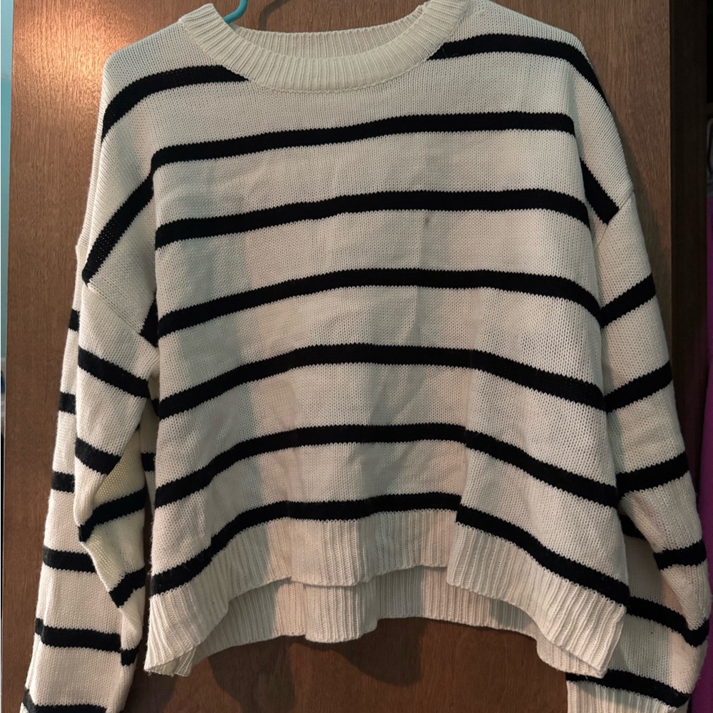 SHEIN Black and White Striped Crew Neck Sweater
